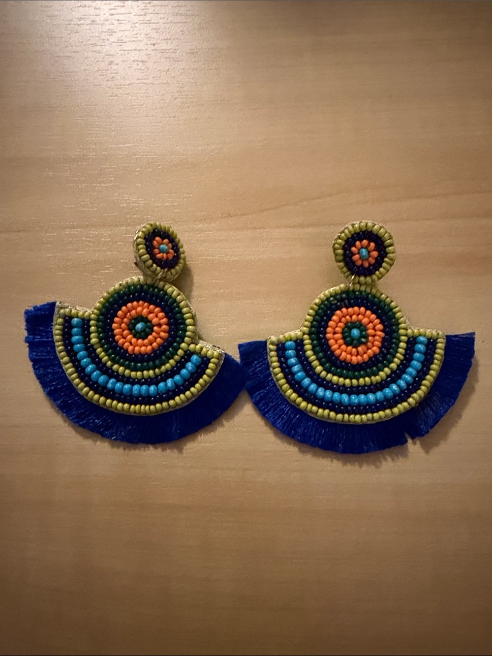 Beaded Fan Fringe Statement Earrings - Blue, Orange, Turquoise, Olive